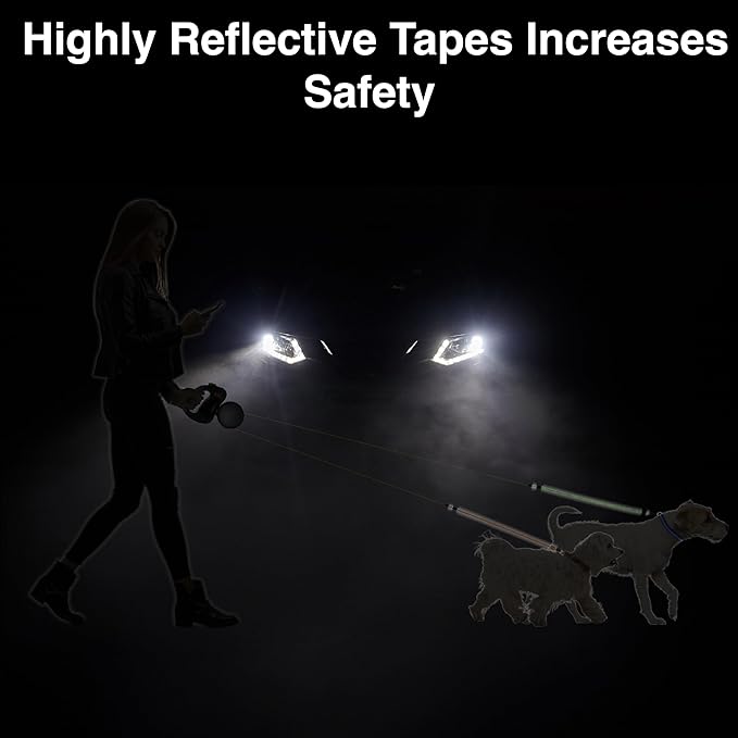 Two Dog Retractable Leash – Featuring Our Incredible Silicone Gel Handle - No Tangle Engineering. Each Dog 50 Lb up to 10 Ft Distance. Lock and Unlock Easily. Reflective Webbing. Tangle Free.