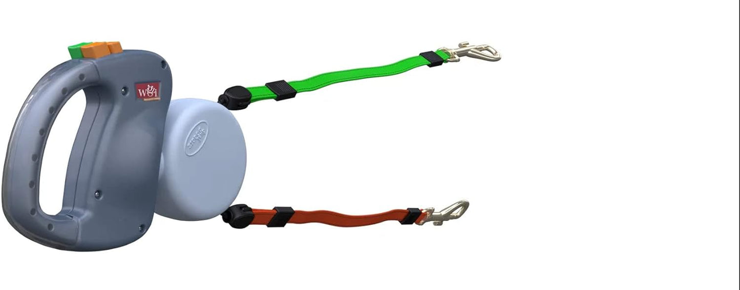 Two Dog Retractable Leash – Featuring Our Incredible Silicone Gel Handle - No Tangle Engineering. Each Dog 50 Lb up to 10 Ft Distance. Lock and Unlock Easily. Reflective Webbing. Tangle Free.