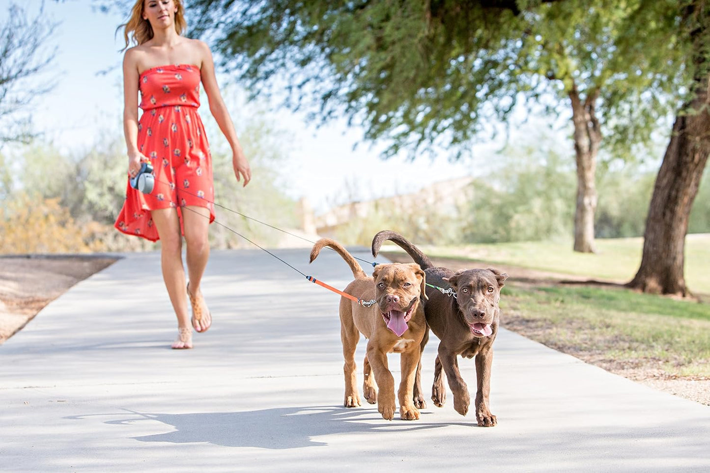 Two Dog Retractable Leash – Featuring Our Incredible Silicone Gel Handle - No Tangle Engineering. Each Dog 50 Lb up to 10 Ft Distance. Lock and Unlock Easily. Reflective Webbing. Tangle Free.