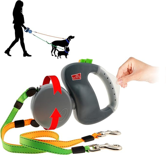 Two Dog Retractable Leash – Featuring Our Incredible Silicone Gel Handle - No Tangle Engineering. Each Dog 50 Lb up to 10 Ft Distance. Lock and Unlock Easily. Reflective Webbing. Tangle Free.
