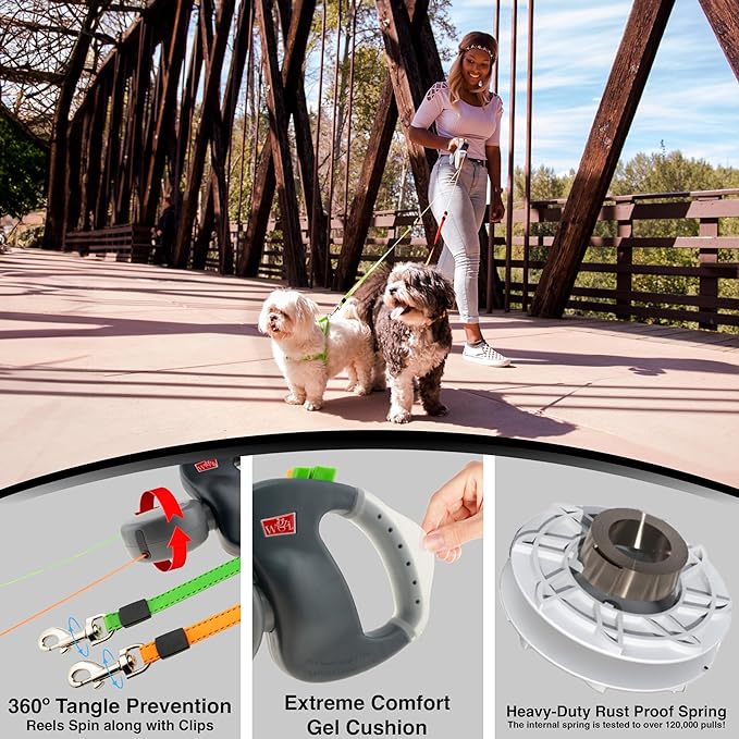 Two Dog Retractable Leash – Featuring Our Incredible Silicone Gel Handle - No Tangle Engineering. Each Dog 50 Lb up to 10 Ft Distance. Lock and Unlock Easily. Reflective Webbing. Tangle Free.