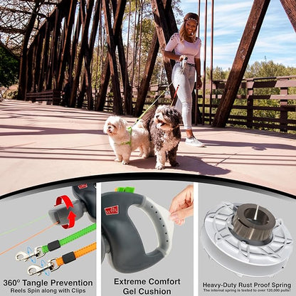 Two Dog Retractable Leash – Featuring Our Incredible Silicone Gel Handle - No Tangle Engineering. Each Dog 50 Lb up to 10 Ft Distance. Lock and Unlock Easily. Reflective Webbing. Tangle Free.
